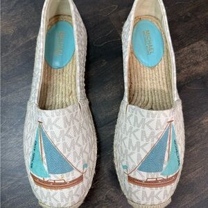 Michael Kors Beige Monogram Espadrilles with Teal & Brown Sailboat